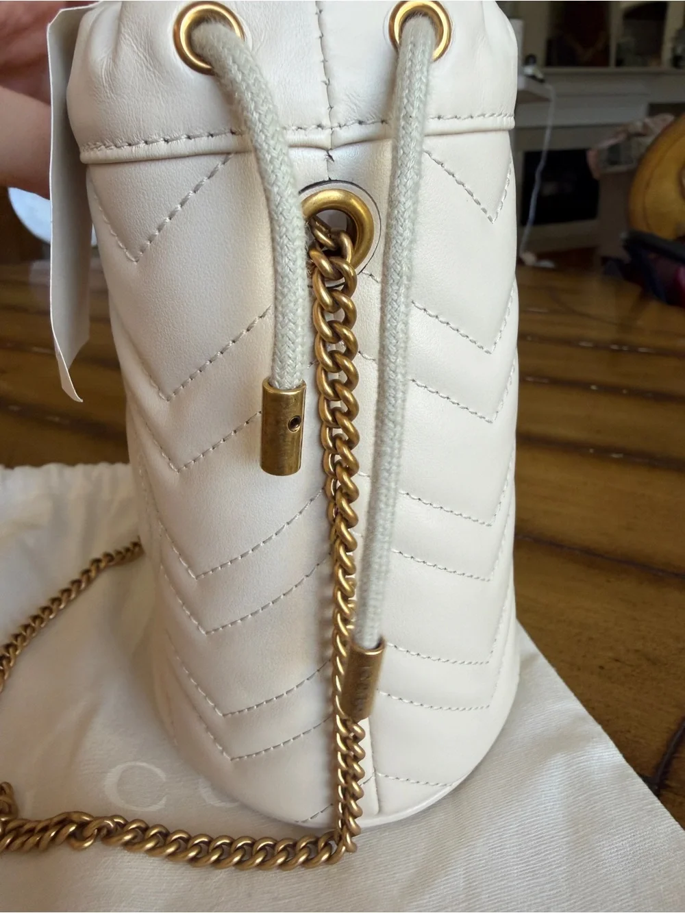 Gucci GG Marmont Mini Bucket Drawstring Bag – White, Chevron Quilted, Gold Chain